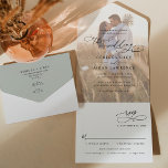 Rustic Sage Green Photo Wedding All In One Invitation<br><div class="desc">This elegant All-In-One Wedding Invitation features a sweeping script calligraphy text paired with a classy serif & modern sans font in black,  with a photo overlay on the front and a customisable monogram on the back. Matching items available.</div>