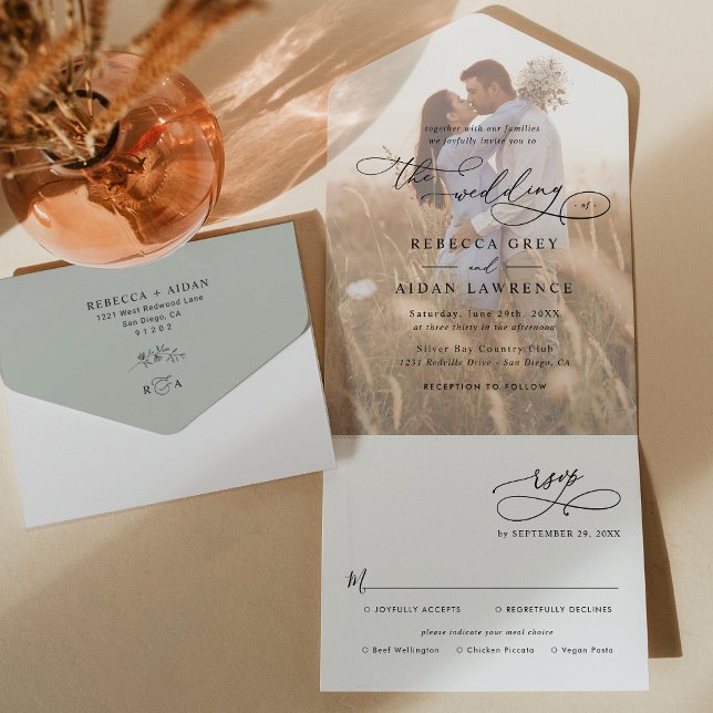 Rustic Sage Green Photo Wedding All In One Invitation (Creator Uploaded)