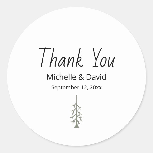 Rustic Sage Green Pine Tree Boho Wedding Thank You Classic Round Sticker (Front)