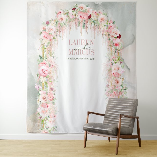 Rustic Sage Green & Pink Floral Arch Tapestry (In Situ)
