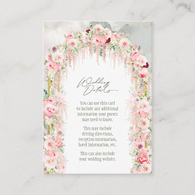 Rustic Sage Green, Pink Floral Arch Wedding Detail Enclosure Card (Front)
