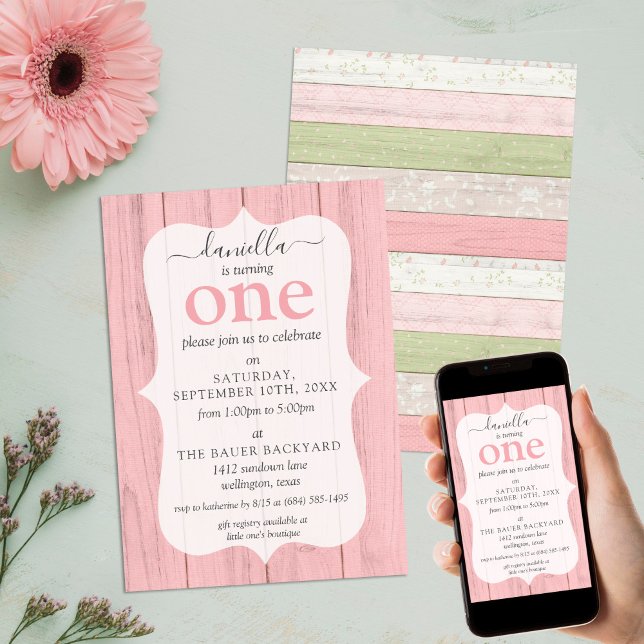 Rustic Sage Green & Pink Floral Wood 1st Birthday Invitation (Creator Uploaded)
