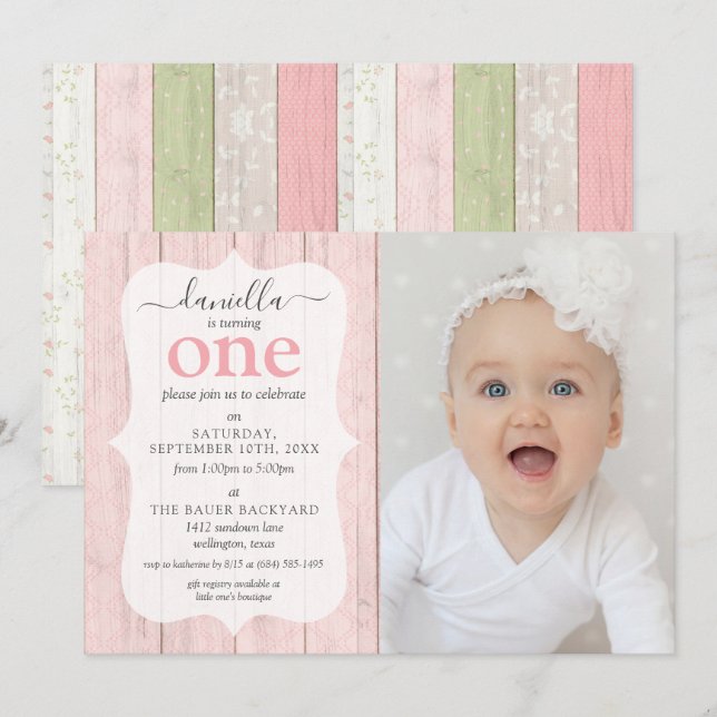 Rustic Sage Green Pink Floral Wood Birthday Photo Invitation (Front/Back)