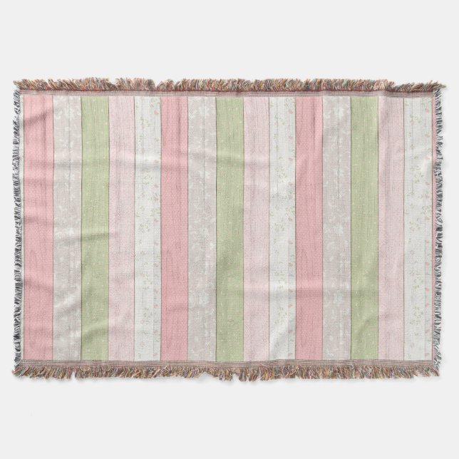 Rustic Sage Green & Pink Floral Wood Pattern Throw Blanket (Front)