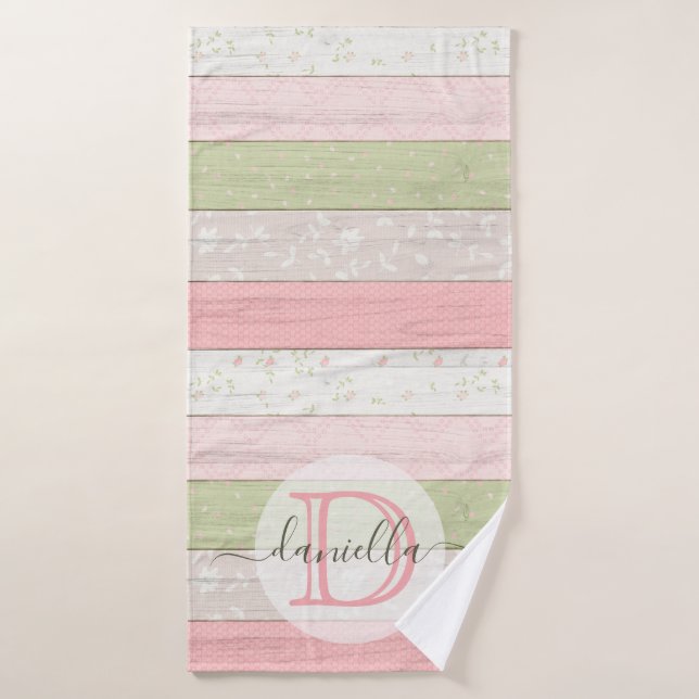 Rustic Sage Green & Pink Floral Wood Personalised Bath Towel (Bath Towel)