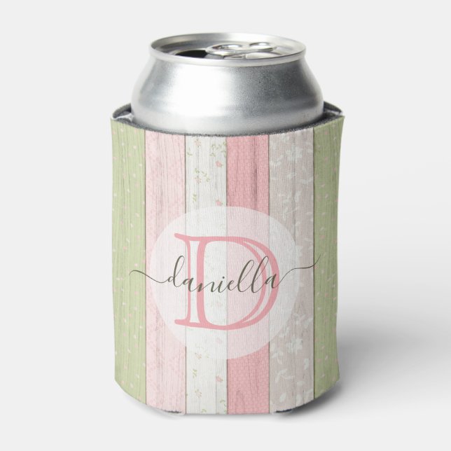 Rustic Sage Green & Pink Floral Wood Personalised Can Cooler (Can Front)