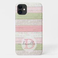 Rustic Sage Green & Pink Floral Wood Personalised
