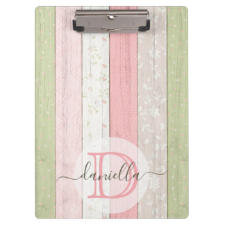 Rustic Sage Green & Pink Floral Wood Personalised Clipboard