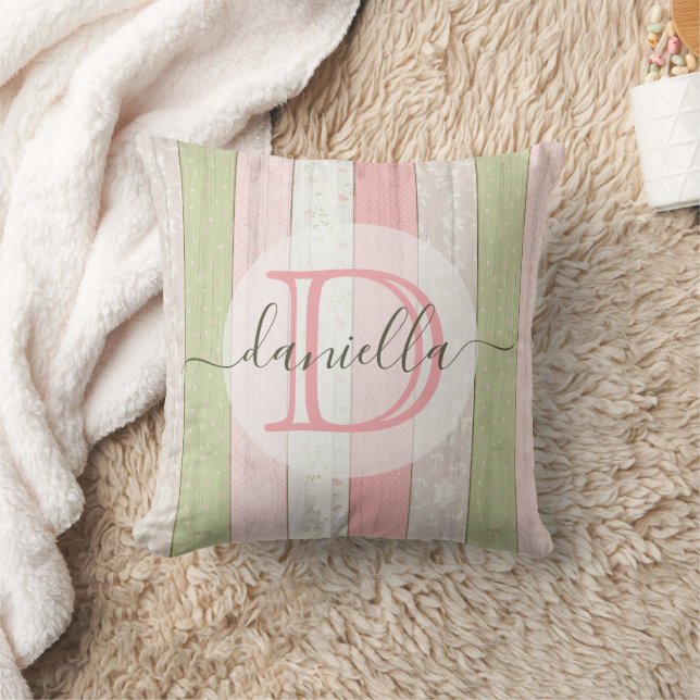Rustic Sage Green & Pink Floral Wood Personalised Cushion (Blanket)
