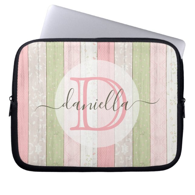 Rustic Sage Green & Pink Floral Wood Personalised Laptop Sleeve (Front)