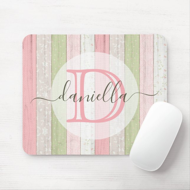 Rustic Sage Green & Pink Floral Wood Personalised Mouse Mat (With Mouse)