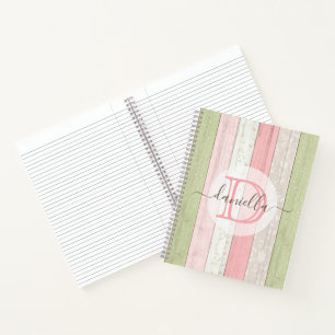 Rustic Sage Green & Pink Floral Wood Personalised Notebook