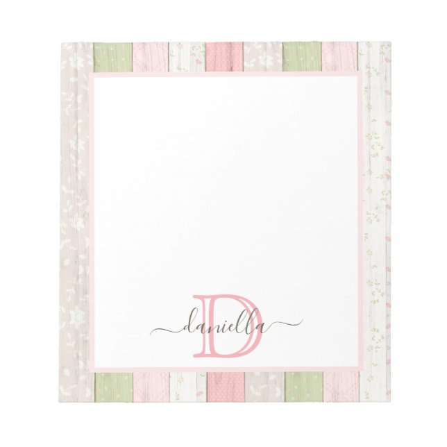 Rustic Sage Green & Pink Floral Wood Personalised Notepad (Front)