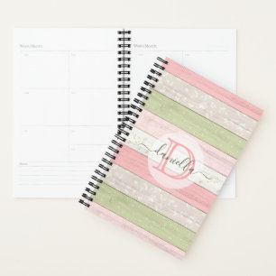 Rustic Sage Green & Pink Floral Wood Personalised Planner
