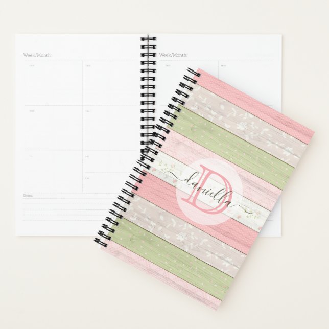 Rustic Sage Green & Pink Floral Wood Personalised Planner (Display)