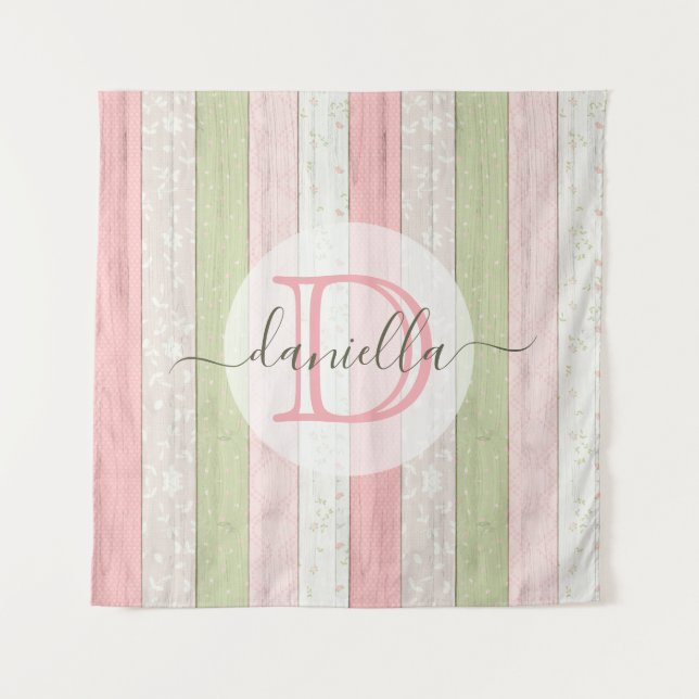 Rustic Sage Green & Pink Floral Wood Personalised Tapestry (Front)