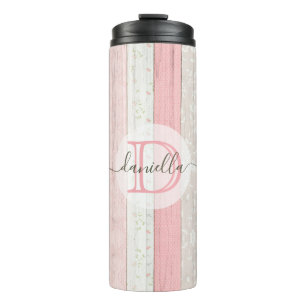 Rustic Sage Green & Pink Floral Wood Personalised Thermal Tumbler