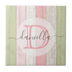 Rustic Sage Green & Pink Floral Wood Personalised Tile