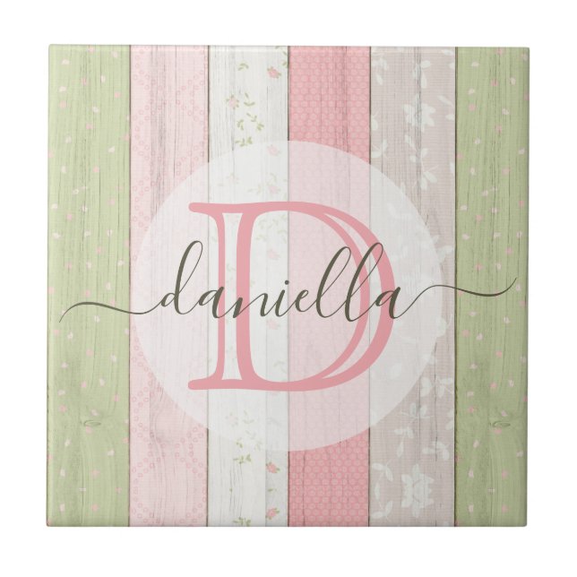 Rustic Sage Green & Pink Floral Wood Personalised Tile (Front)