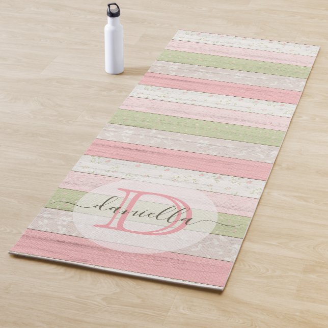Rustic Sage Green & Pink Floral Wood Personalised Yoga Mat (In Situ)