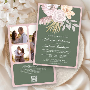 Rustic Sage Green Rose Pink Floral QR Code Wedding Invitation