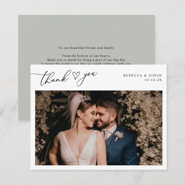 Rustic Sage Green Script Heart Wedding Photo Thank You Card (Front/Back)