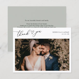 Rustic Sage Green Script Heart Wedding Photo Thank You Card