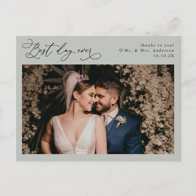 Rustic Sage Green Simple Wedding Photo Thank You Postcard (Front)