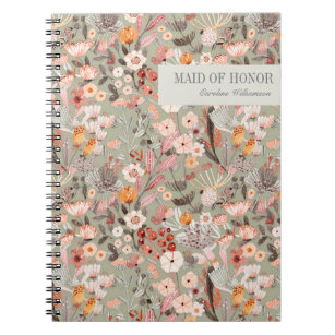 Rustic Sage Green Taupe Floral Boho Maid of Honour Notebook