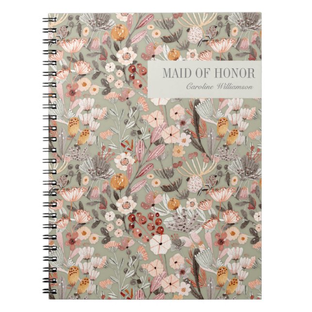 Rustic Sage Green Taupe Floral Boho Maid of Honour Notebook (Front)