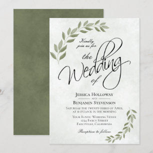 Rustic Sage Green Watercolor Leaves Chic Wedding Invitation