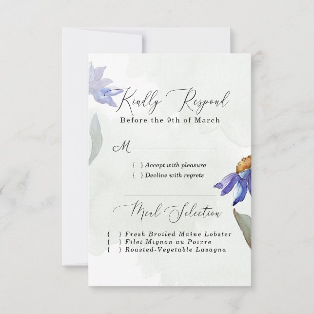 Rustic Sage Green Watercolor Purple Daisy Wedding RSVP Card (Front)