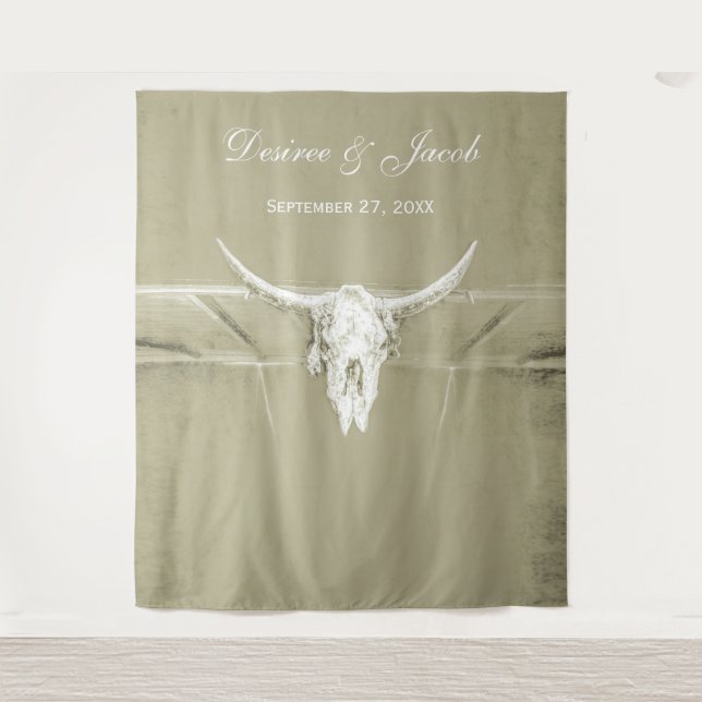 Rustic Sage Green White Western Cow Skull Backdrop Tapestry (Front)