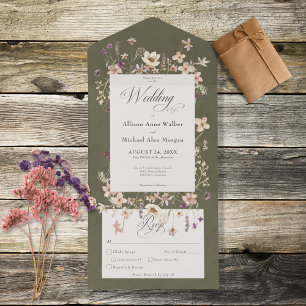 Rustic Sage Green Wildflower Frame Dinner All In One Invitation
