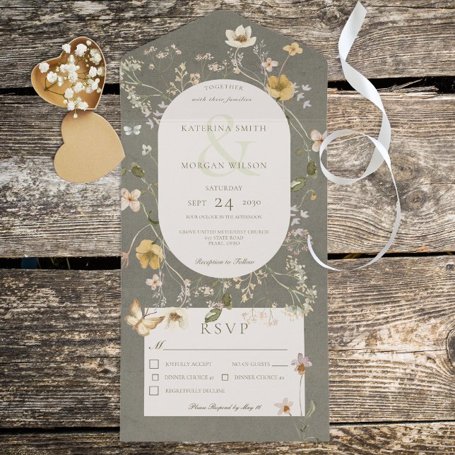 Rustic Sage Green Wildflower Frame Dinner All In One Invitation (Creator Uploaded)