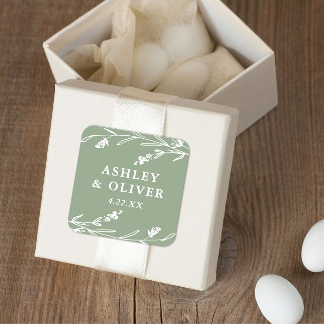 Rustic Sage Green Wildflower Wedding Favour Square Sticker (Creator Uploaded)