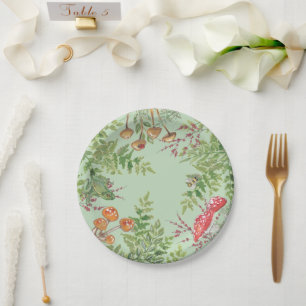 Rustic Sage Green Woodland Frog Bee Mushroom  Paper Plate