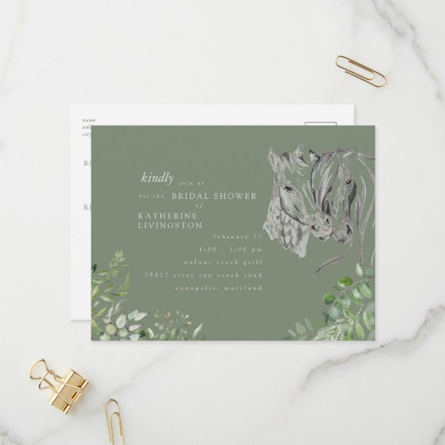 Rustic Sage Horses Nuzzling Bridal Shower   Invitation Postcard (Front/Back In Situ)