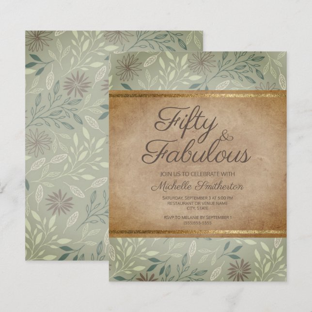 Rustic Sage Leaves Floral Gold 50th Birthday Invitation (Front/Back)