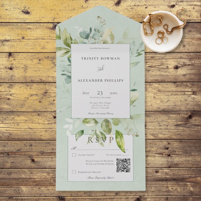 Rustic Sage Natural Greenery QR Code All In One Invitation (Also available without a QR code; with or without dinner selection options.)