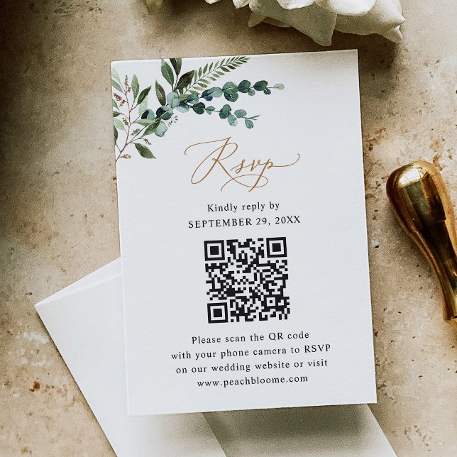 Rustic Sage QR Code Greenery Gold Wedding RSVP Card (Creator Uploaded)