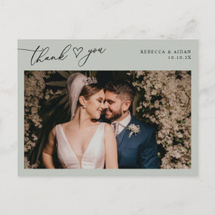 Rustic Sage Script Heart Wedding Photo Thank You Postcard