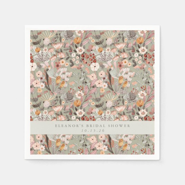 Rustic Sage Taupe Floral Boho Bridal Shower Custom Napkin (Front)