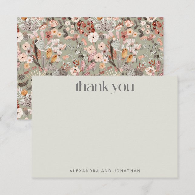 Rustic Sage Taupe Floral Boho Custom Wedding  Thank You Card (Front/Back)