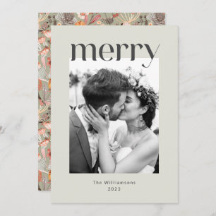 Rustic Sage Taupe Floral Boho Photo Wedding Holiday Card