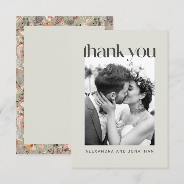 Rustic Sage Taupe Floral Boho Photo Wedding Thank You Card (Front/Back)