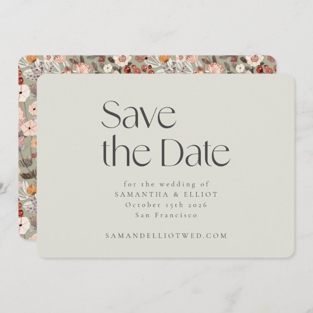 Rustic Sage Taupe Floral Boho Wedding Custom Save The Date (Front/Back)