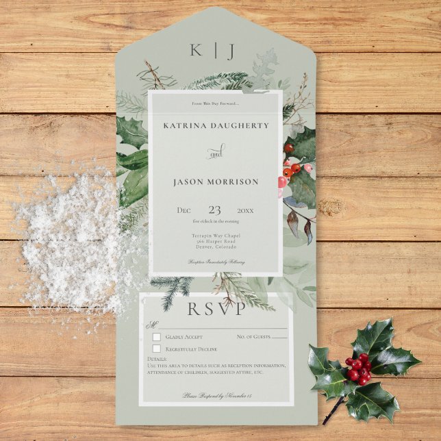 Rustic Sage Winter Holly & Pine Details All In One Invitation (Rustic Sage Winter Holly & Pine Details All In One Invitation)
