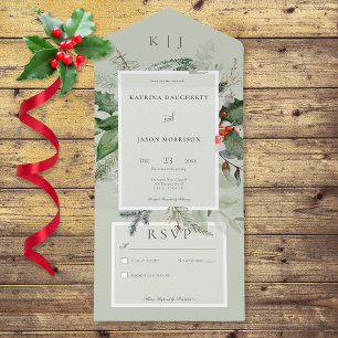 Rustic Sage Winter Holly & Pine No Dinner All In One Invitation