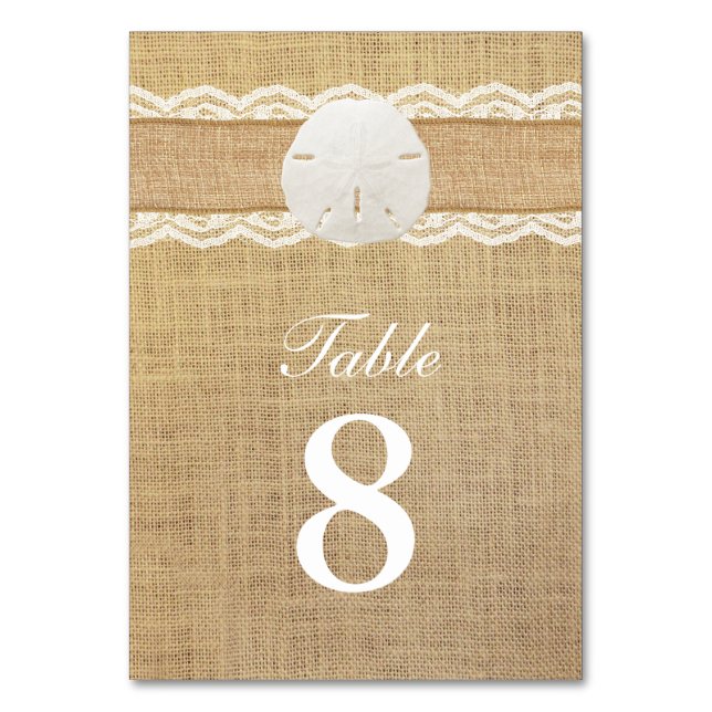Rustic Sand Dollar Lace & Burlap Table Numbers (Front)